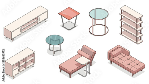 Set of stylish pink and light wood furniture items including storage cabinets, glass-topped tables, and modern lounge chairs for home decor.