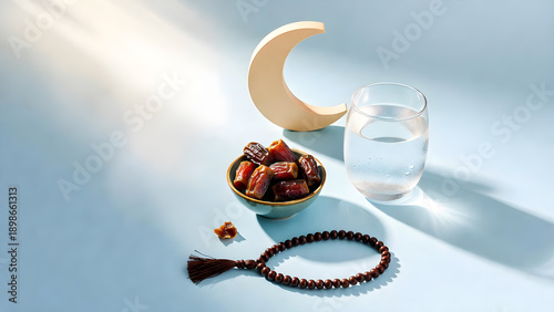 Serene Ramadan fasting setup with dates, prayer beads, and water on blue background