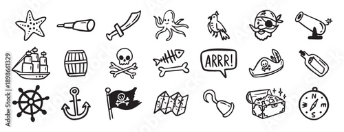 pirate adventure and sea elements. ship, coins, bottle, anchor doodle hand drawn icon set. Outline drawing pirate sea adventure line clipart symbol collection