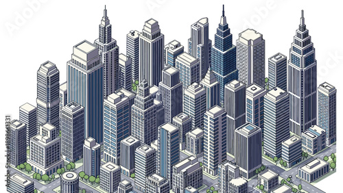 Pixel art city skyline features a dense collection of towering skyscrapers and office buildings under a bright and clear daylight sky.