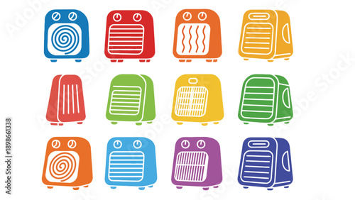 A colorful illustration of various heaters on a white background
