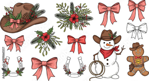 Western Christmas Illustration Set with Cowboy Hat Wreaths, Festive Bows, Snowman, Gingerbread Man, and Holiday Decorations