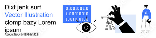 Data security, digital recognition, access control, privacy, tech innovation, visual identity. Binary code, key access with hand eye icon and professional figure. Data security and digital