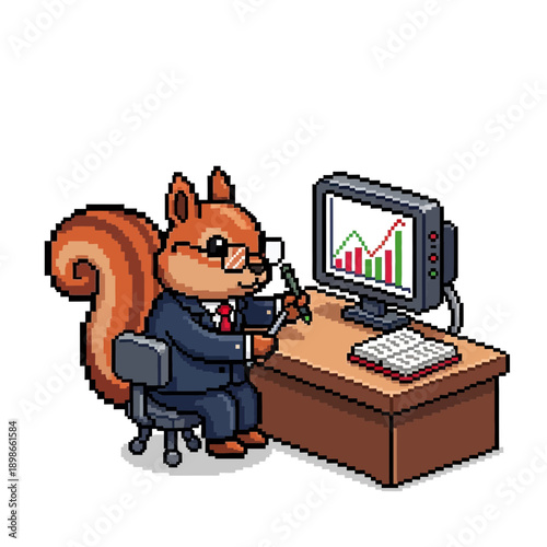 Business squirrel in suit works at desk with computer and graph.