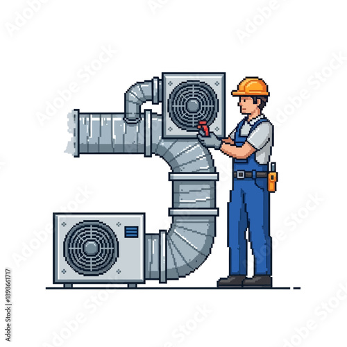 Worker installs air conditioning units and ductwork.