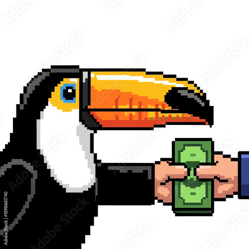 Toucan receiving money from a hand.