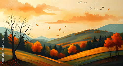 autumn, fall, landscape, trees, hills, forest, nature, scenery, countryside, valley, fields, foliage, leaves, colorful, golden, orange, red, brown, seasonal, harvest, calm, peaceful, scenic, horizon, 