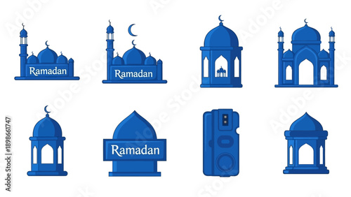 Blue Ramadan Icons Set with Mosque Silhouettes.