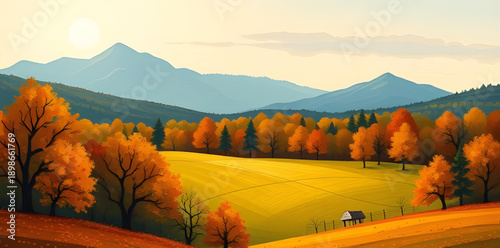 autumn, fall, landscape, trees, hills, forest, woodland, nature, scenery, countryside, fields, foliage, leaves, colorful, golden, amber, red, seasonal, harvest, tranquil, peaceful, scenic, sky, clouds