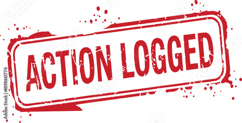 Red action logged rubber stamp with splatters isolated on transparent background