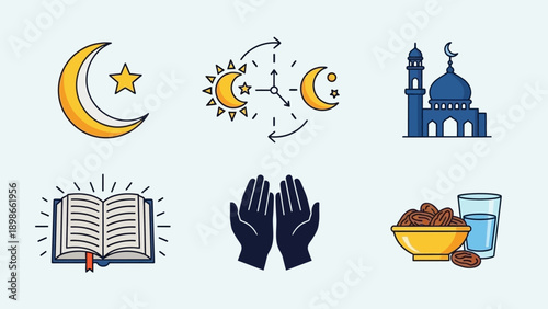 Islamic Symbols and Rituals Illustration Set.