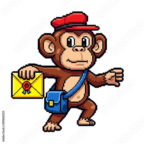 Monkey wearing a hat and satchel delivering a letter.