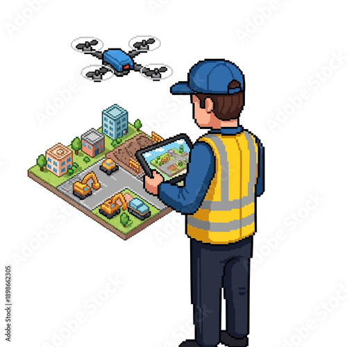 Person operating drone over miniature city using tablet device.