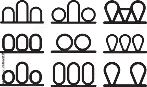 Collection of black and white illustrations of various roller coaster track designs