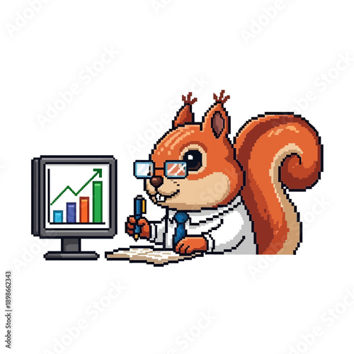 Cartoon squirrel wearing glasses works at a computer with charts.