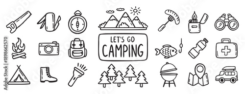 camping equipment doodle hand drawn icon set. Outline drawing camping tourism line clipart symbol collection. Local travel adventure 