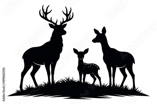 Silhouette deer family set featuring a stag, doe, and fawn on grass for nature and wildlife designs