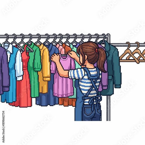 Person choosing clothes from a rack of colorful garments.