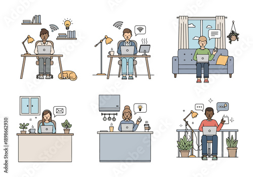 Diverse Individuals Working Remotely Using Laptops in Various Home Environments Including Desks Sofas and Balconies