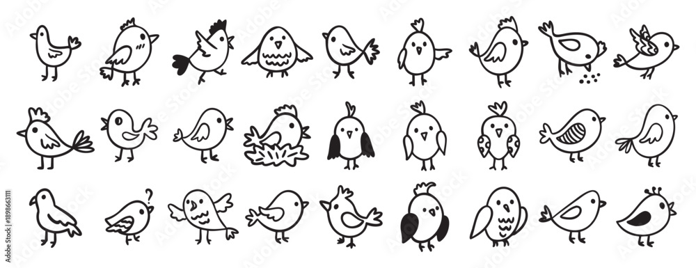 Obraz premium cute birds forest animal characters doodle hand drawn icon set. Outline drawing birds line clipart symbol collection