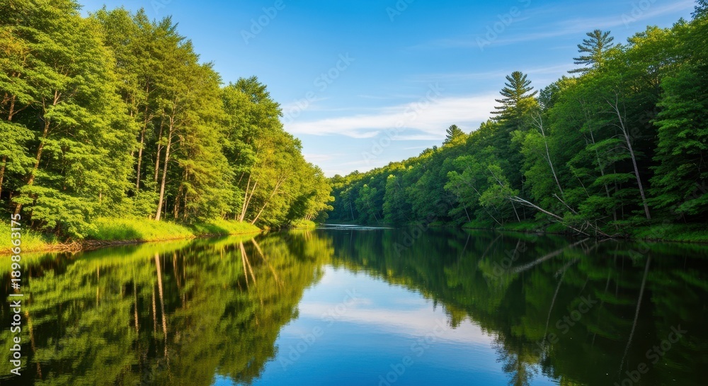 Obraz premium A wide, winding river flows slowly through a lush, dense forest, reflecting the towering green trees and clear blue sky overhead, spring, daytime, scenic