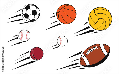 Set of various sport balls with speed lines including soccer basketball volleyball and baseball