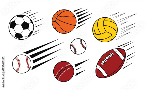 Colored sport balls with speed lines including soccer basketball volleyball and baseball icons
