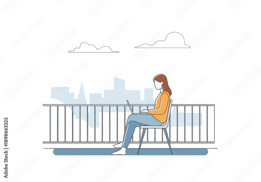 Fototapeta premium Woman working on laptop computer outdoors on balcony overlooking distant city skyline and cloudy sky during daytime minimal style