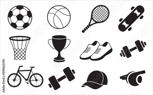Black silhouette sports icons set with balls racket bicycle trophies dumbbells and athletic shoes