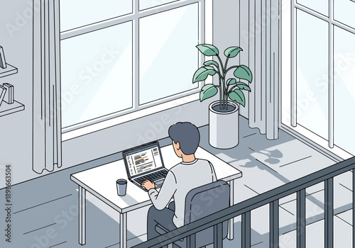 Person working on laptop computer at a table near large windows and a potted plant in a modern interior space