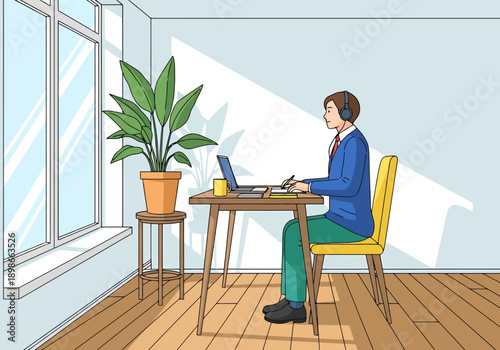 Man with headphones works on laptop at desk in bright sunlit room with large window and green plant
