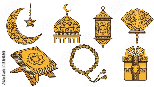 Islamic Symbols and Religious Objects Illustration.