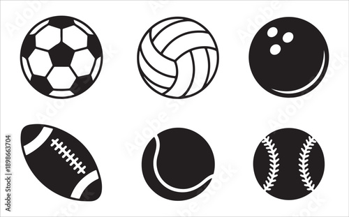 Sports equipment and balls silhouette icons, isolated on white, graphic design elements