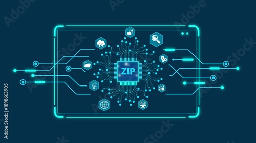 Z I P file concept with circuit board and representing digital data compression and transfer zip file