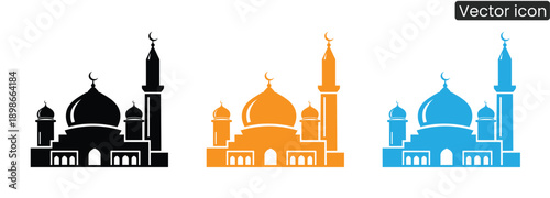Vibrant mosque icons in black, orange, and blue for cultural and religious designs, adding a touch of spirituality and faith to your projects