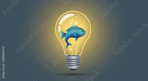 Vibrant blue fish swimming inside a glowing light bulb