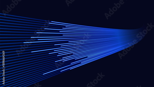 Futuristic abstract background featuring multiple glowing blue light streaks moving at high speed across a dark background. Dynamic lines represent data transmission and fiber optic technology.