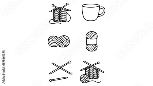 A collection of knitting related icons and tools on a white background