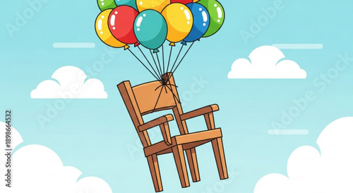Wooden chair flying with colorful balloons in sky