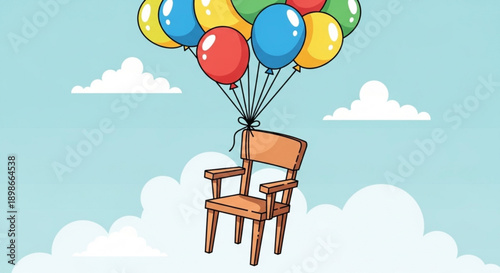 Vibrant balloons lift wooden chair into dreamy sky with fluffy clouds