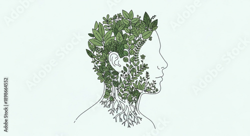 Stunning illustration of human head with green leaves and roots growing out