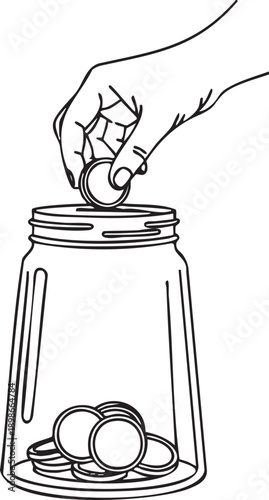 Hand dropping a coin into a jar filled with coins from a top view perspective