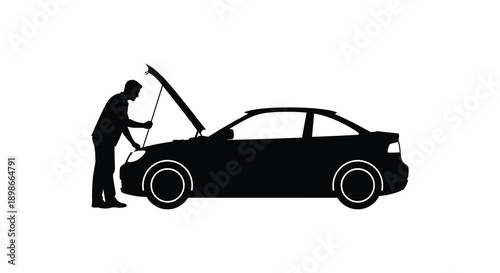 A mechanic is inspecting the engine of a car with the hood raised depicted as a striking silhouette high quality