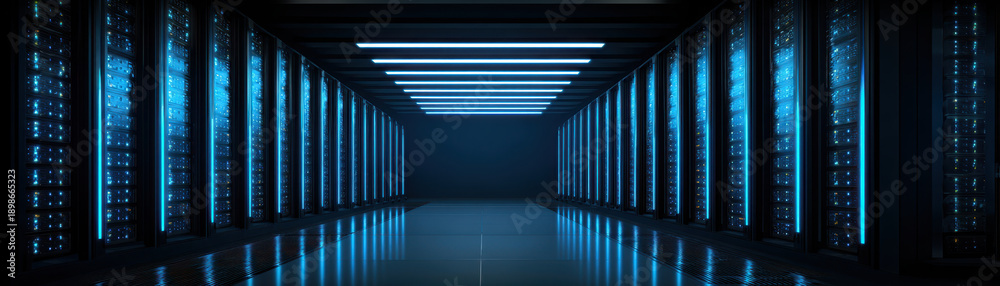 Obraz premium Digital data center with server racks glowing blue represents advanced technology and digital literacy in modern computing environments