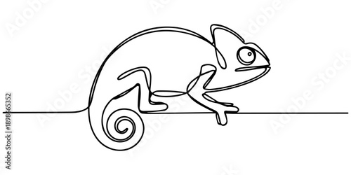 continuous line drawing of a chameleon on a white background, One continuous line drawing of beauty chameleon with spiral tail mascot concept for reptilian pet lover society. Exotic reptile animal