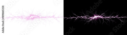 Pink lightning bolt overlay isolated. Horizontal electric discharge with magenta glow. Abstract thunderbolt strike design element. High voltage power energy flash illustration.