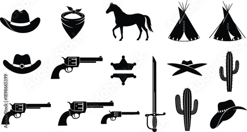 Wild West Silhouette Icon Set with Cowboy Hats, Horses, Guns, Sheriff Badge, Teepees, Cactus, and Western Symbols
