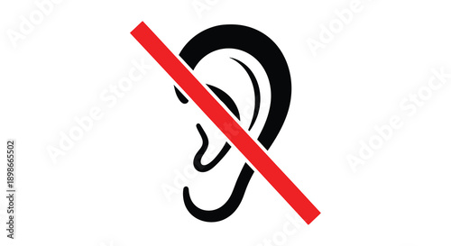 A striking image depicts a human ear in black silhouette crossed by a bold red line representing silence or censorship silhouette