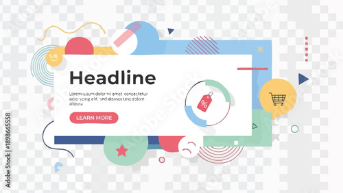 Bold text graphic design elements surrounding a headline template with shopping cart icon, bell notification, and call-to-action button.