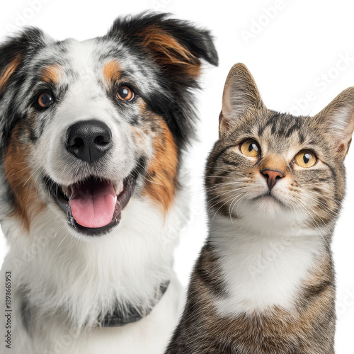 Cheerful Dalmatian dog with an open-mouthed expression sitting next to a calm tabby cat with bright blue eyes ,isolated on transparent background